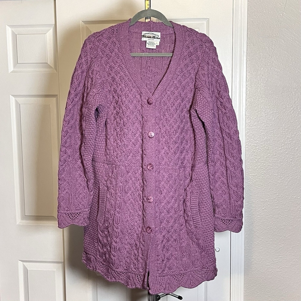 Aran Crafts Ireland Sz L Merino Wool Lavender Lilac Cardigan Sweater Longline